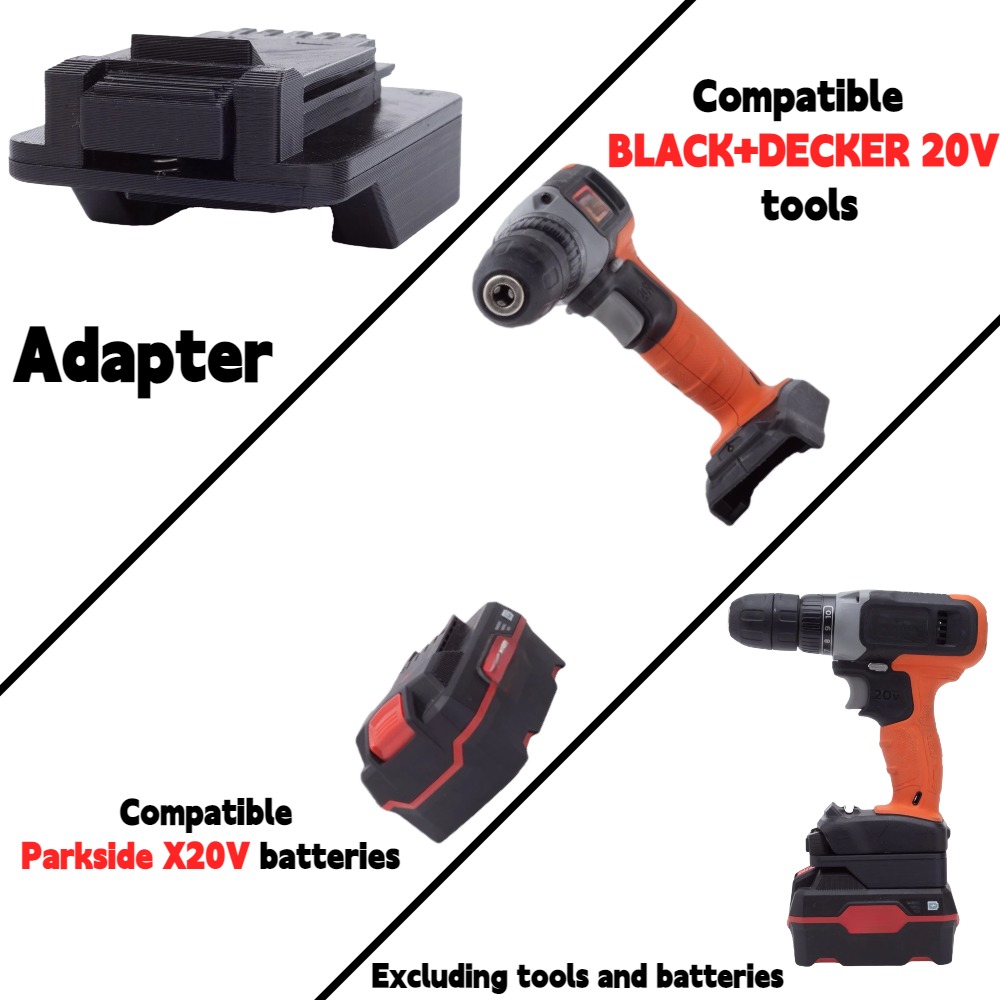 Black+Decker Tool Cordless - อะแดปเตอร์/ตัวแปลงแบตเตอรี่สำหรับเครื่องมือสว่านไร้สายแบตเตอรี่ลิเธียมไอออน Parkside X20V TEAM ให้ใช้กับแบตเตอรี่ BLACK+DECKER